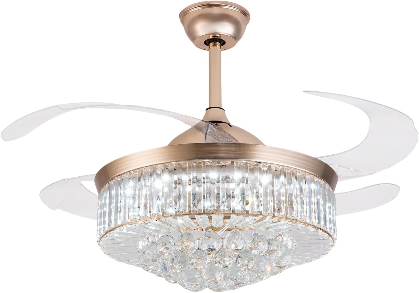 Gdrasuya10 42 Inch Crystal Ceiling Fan Light, 4 Blade Retractable Blade Chandelier Remote Control LED Pendant Light Dimmable 3 Colors Change for Living Room Bedroom Restaurant
