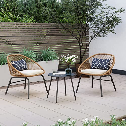 Image of BRISHI Garden Patio Seating Chair and Table Set Outdoor Balcony Garden Coffee Table Set Furniture with 1 Table and 2 Chairs Set with Cushion (Honey)