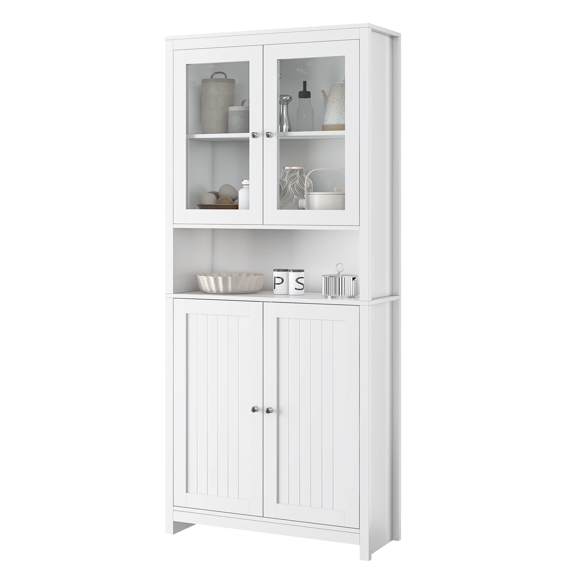 FOTOSOK Kitchen Pantry Cabinet, 74.6'' Freestanding Kitchen Cupboard Storage Cabinet with Doors and Shelves for Dining Room, Living Room, Tall Bookcase , White