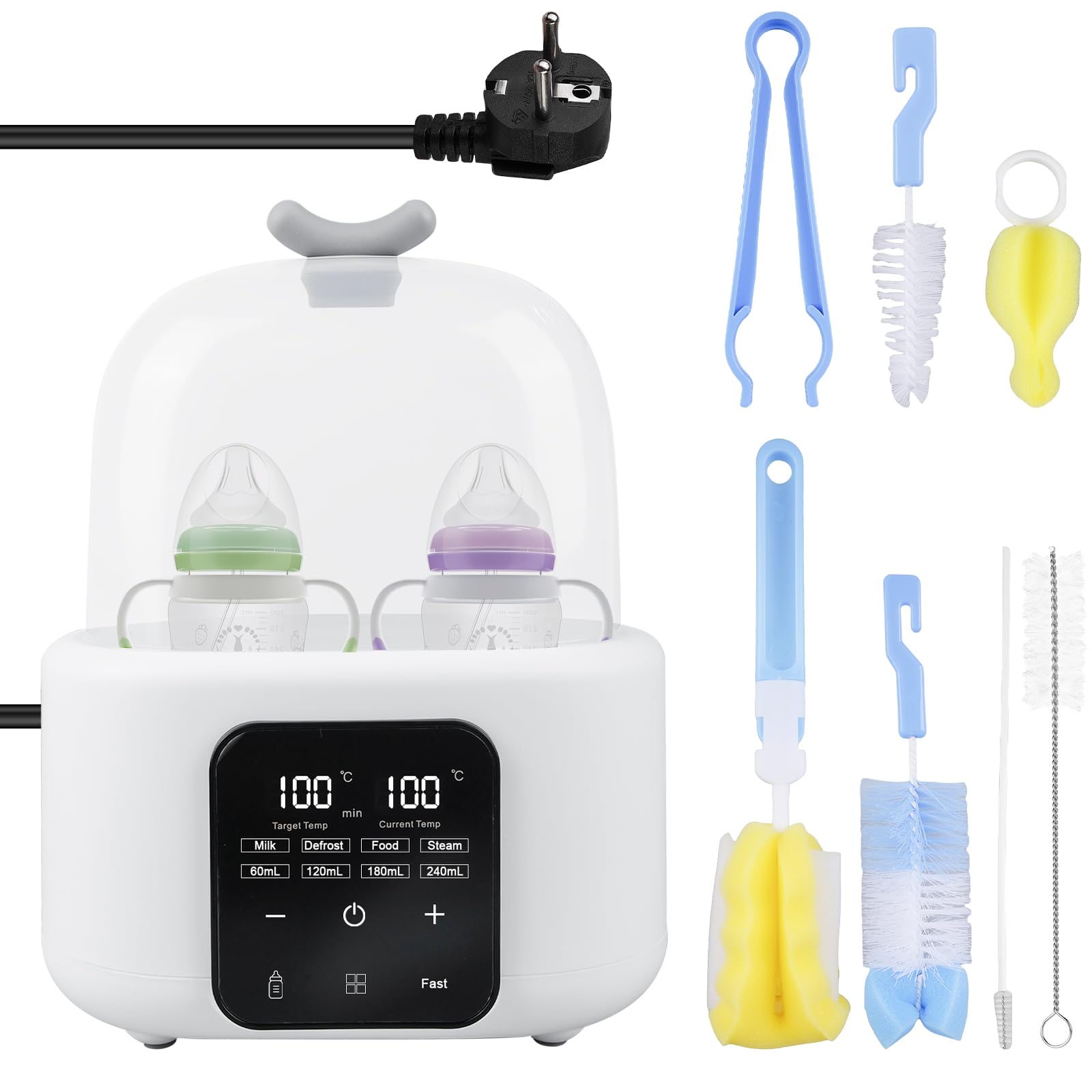 Scaldabiberon 6 in 1, sterilizzatore per biberon, scaldabiberon con spazzola per bottiglie/clip, doppio bicchiere scalda biberon con sterilizzatore, controllo della temperatura, per riscaldare e