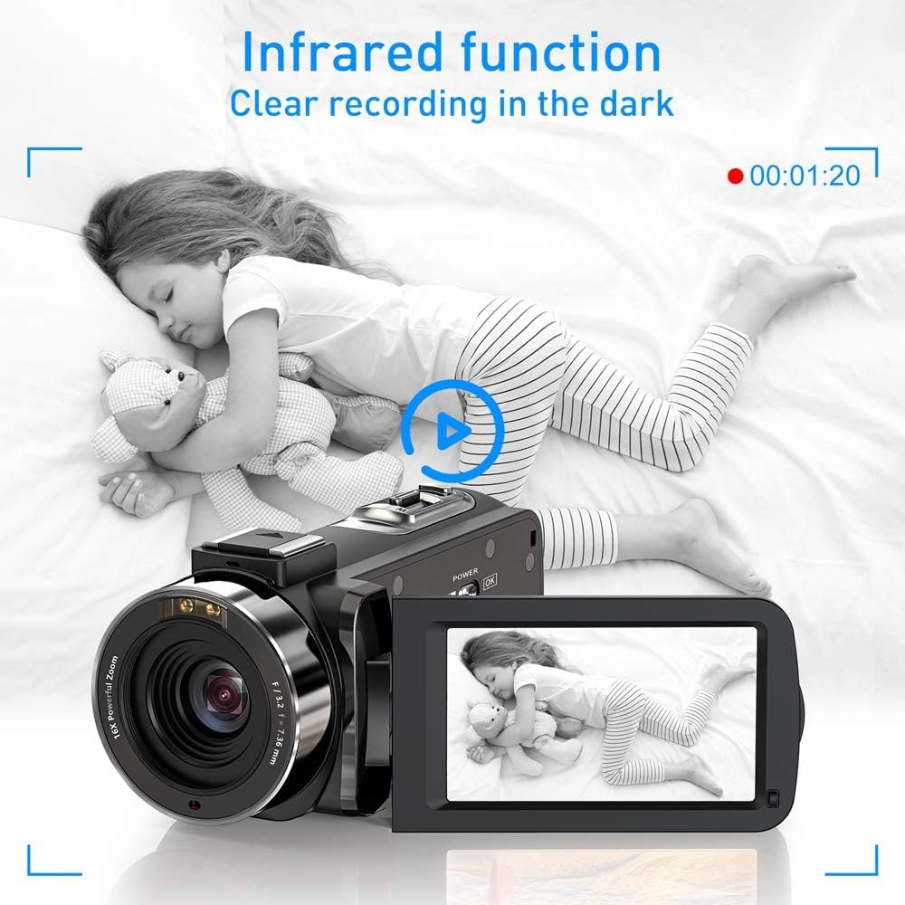 Caméscope, Camescope Numerique 1080P 36MP IR Vision Nocturne 16X Zoom Numérique 3,0 Pouces LCD 270 Degrés Ecran Rotatif Vlogging Caméra pour Youtube avec Télécommande, 2 Piles