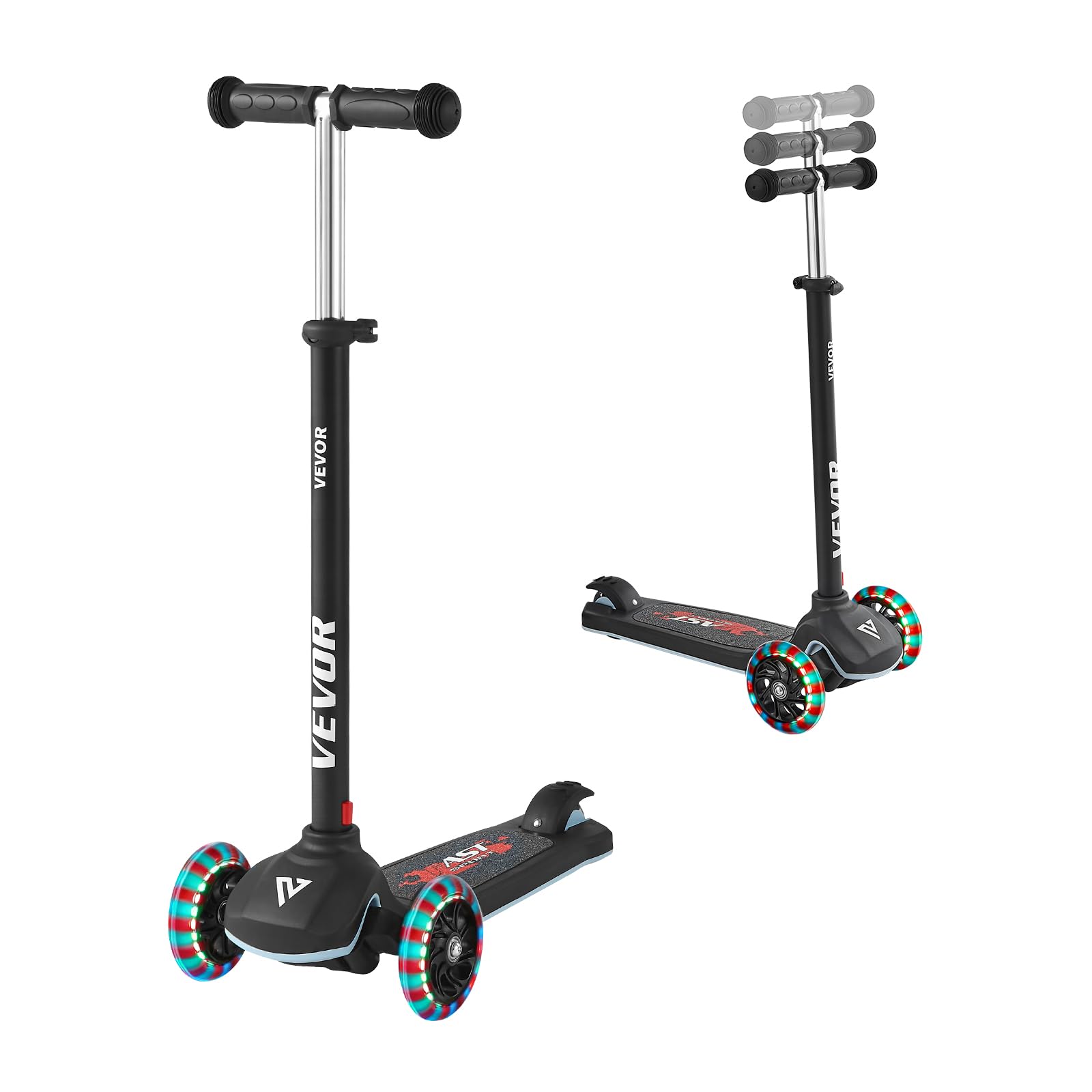 VEVOR 3-Wheel Scooter, for Children 3 Years and Up, Illuminated Wheels, Adjustable Height Handlebar, Non-Slip Base and Lightweight Aluminium Frame, up to 75 kg, Black, 520 x 250 x 800 mm
