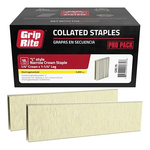 Grip Rite Prime Guard GRL15 - Grapas de corona estrecha Galv de calibre 18, estilo L, 1-1/4 pulgadas por 1/4 pulgadas (paquete de 5,000), acero