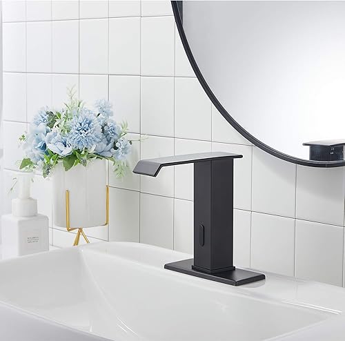 Miniatura 5 de Grifo de lavabo de baño con sensor automático, color negro mate, sin contacto, con placa de cubierta, grifos de tocador manos libres, cascada con