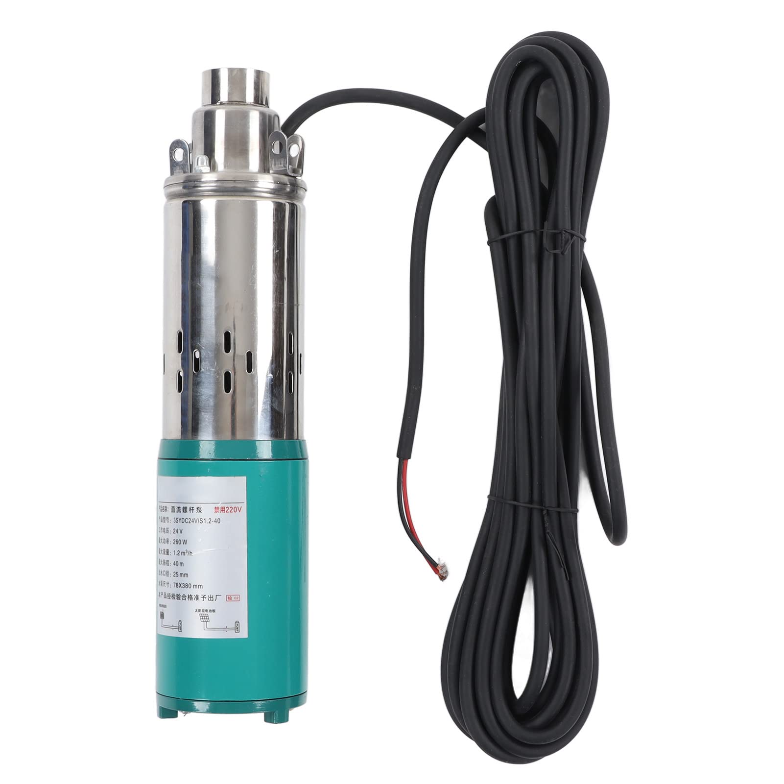 FTVOGUE Bomba Sumergible Solar Bomba de Pozo Profundo de Acero Inoxidable DC24V 260W Motor de Cobre con Cepillo 1.2m3 H 40m Elevación Salida de 25 Mm para Transferencia de Agua de Sumidero de Riego