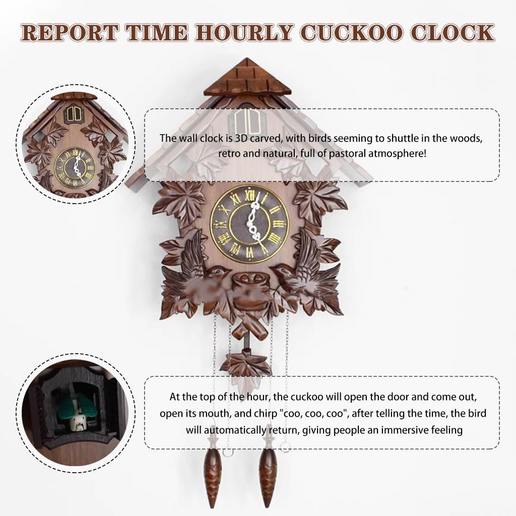 Cuckoo Clocks Solid Wood Hand Carved Cuckoo Clock, Light Control Sensor Wall Clock, Quartz Movement European Clock, for Living Room, Bedroom