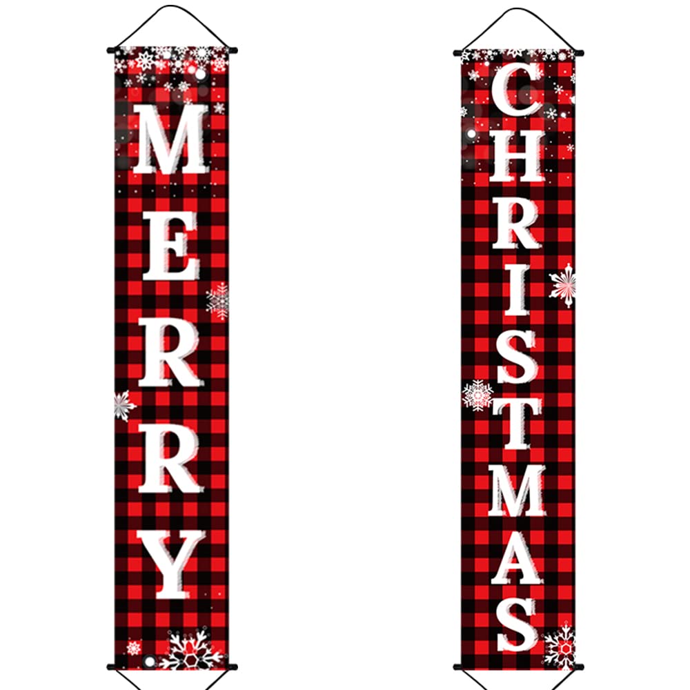 Ivenf Christmas Decorations Outdoor Yard Front Porch Sign Set, Red Black Buffalo Plaid Door Banner, Hanging Merry Christmas Decorations for Home, Indoor Outdoor Xmas Decor Wall Front Door Yard Garage