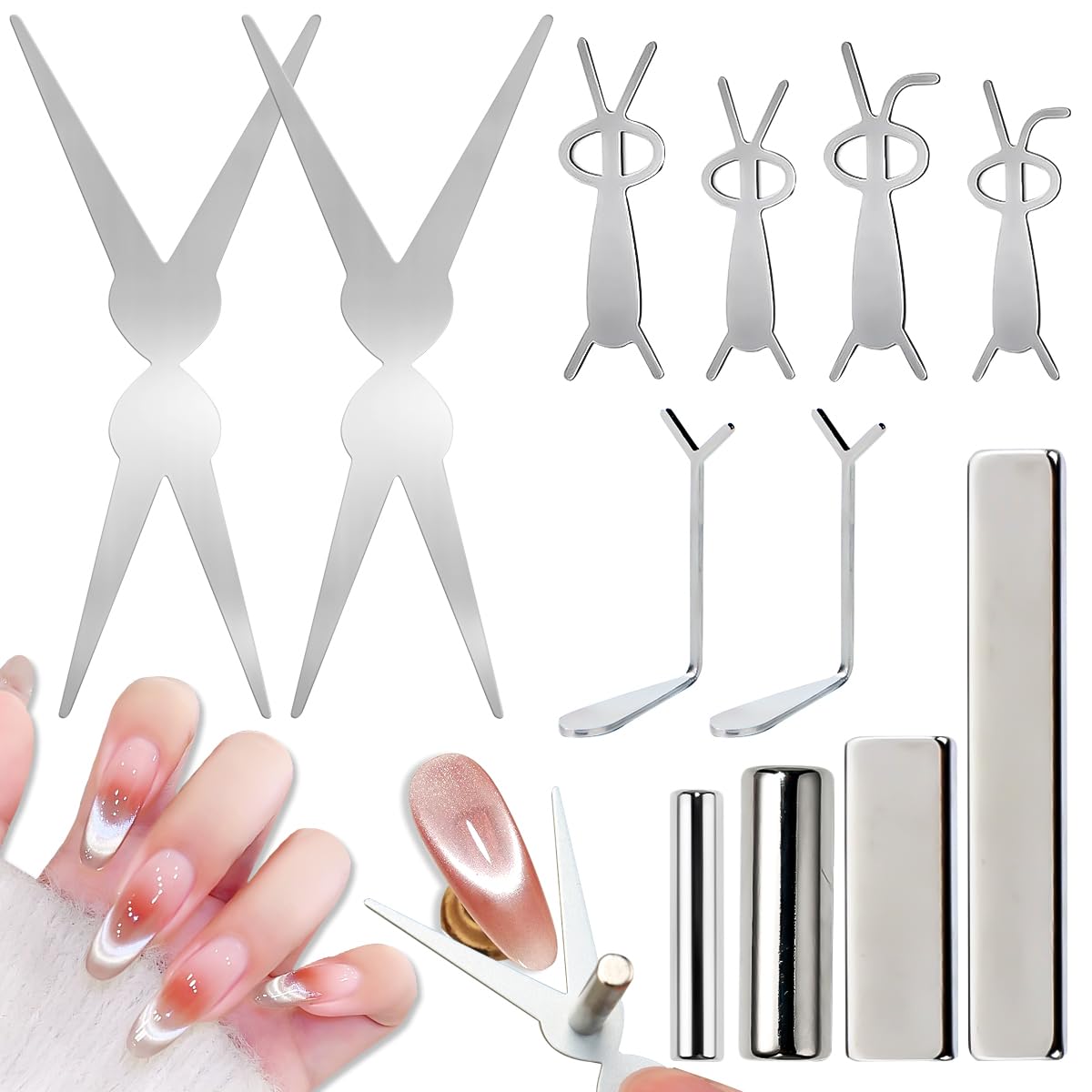 12pcs Cat Eye Magnet Set, Nail Magnet Tool with Scissor & Heart & Rabbit