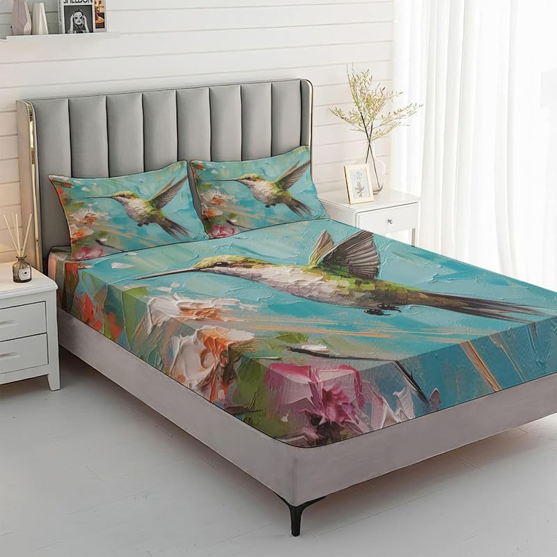 Miniatura 2 de Sábanas de colibrí tamaño California King Sábanas de cama florales, microfibra suave y bolsillo profundo, sábanas y fundas de almohada estampadas