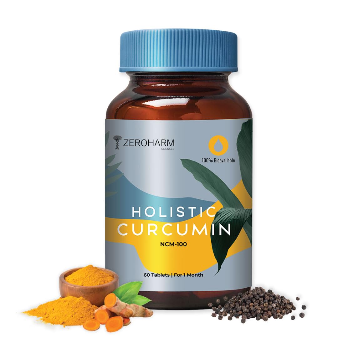 ZEROHARM Holistic Curcumin with 95% Curcuminoids & Piperine - Turmeric Supplement for Joints, Immunity for Men, Women - Nano Formulated 60 Tablets