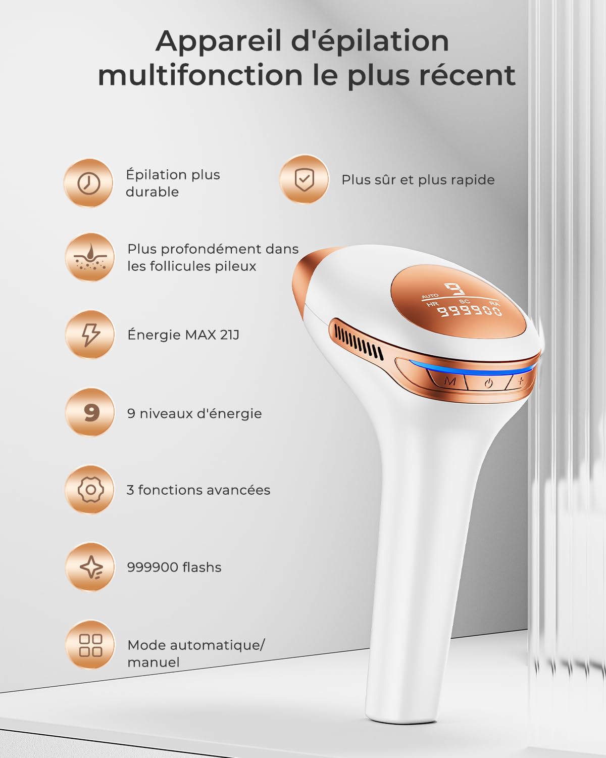 Épilateur Lumière Pulsée, IPL Épilateur Laser avec Fonction 3-en-1 et 21J et 9 Niveaux d'énergie, 600NM-1200NM Épilation laser pour Femme et Homme, Visage, Corps