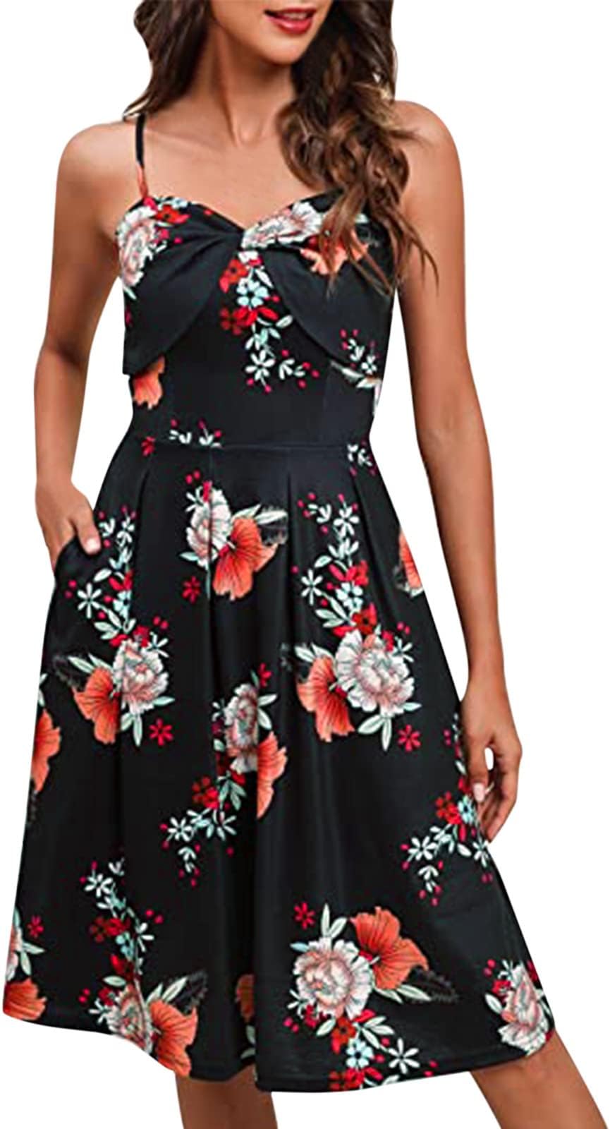Indian Maxi Dresses, Sale UK Women Casual Summer Dress with Pockets V Neck Swing Spaghetti Strap Sundress Wedding Beach Guest Dress Elegant Party Cocktail Dress Wedding Guest Dresses UK Size