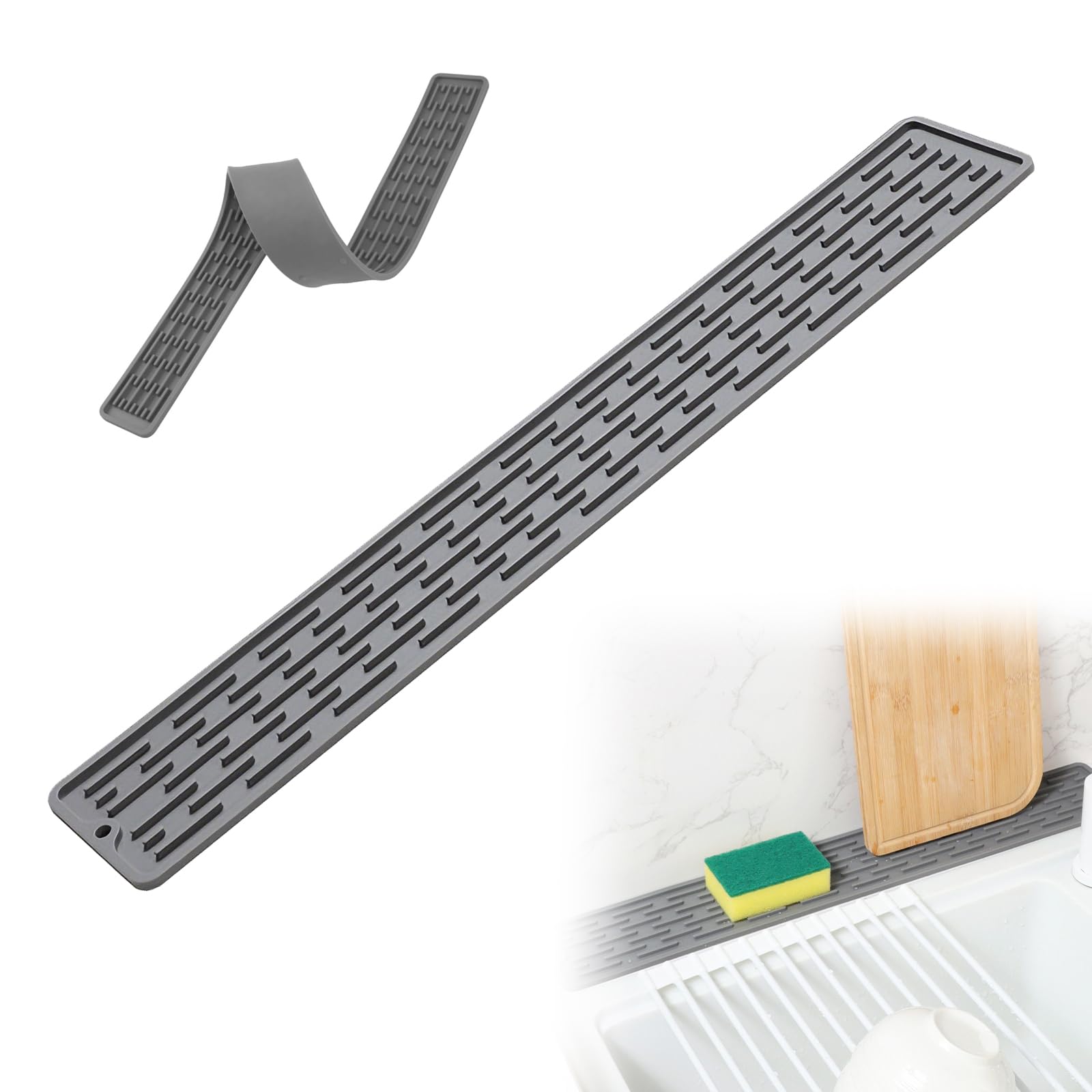 Ultra-Thin Silicone Drainage Mat, Narrow Kitchen Sink Splash Guard Draining Mat, Around Tap Extended Drainer Mat, Anti-Slip Drainage Mat for Kitchen Bathroom (Grey)