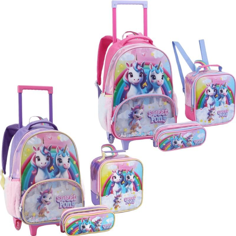 Kit Mochila Escolar de Rodinhas Lancheira Estojo Femina Sweet Pony Unicornio Fofos Poney Rosa Seanite ROSA