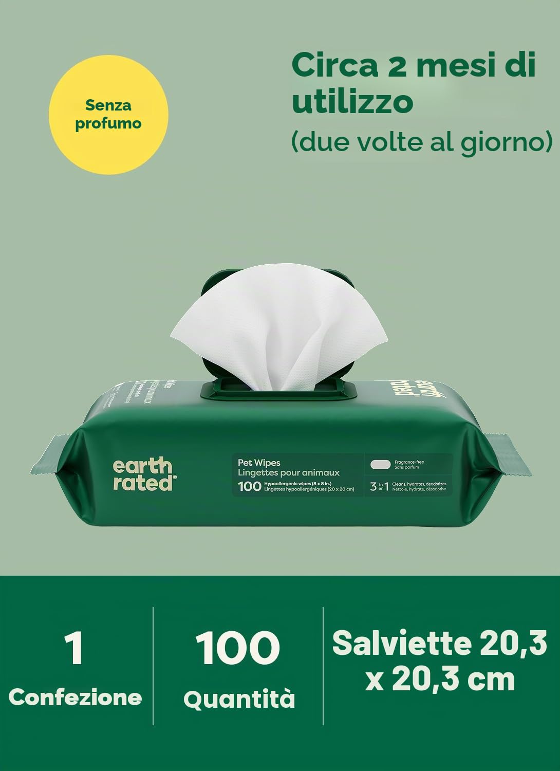 Earth Rated Salviette ipoallergeniche per Cani, puliscono ed eliminano Gli odori da Zampe, Corpo e Sedere, Senza Profumo, 100 Pezzi