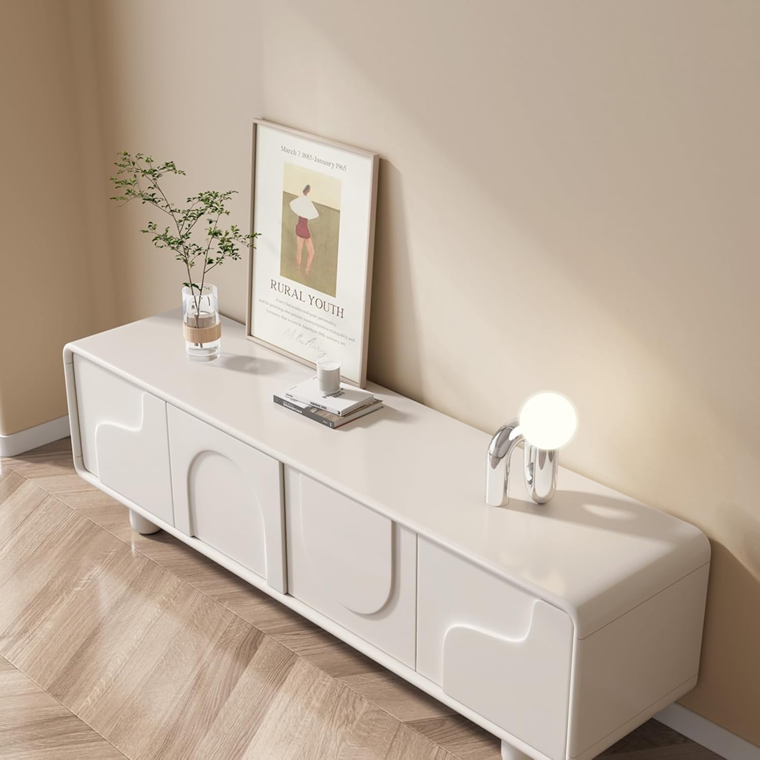 62.99" Modern TV Stand for 55/60/65 inch TV, Entertainment Center with Storage,TV and Media Consol for Living Room,Side Cabinet with Cord Holes,Cream White