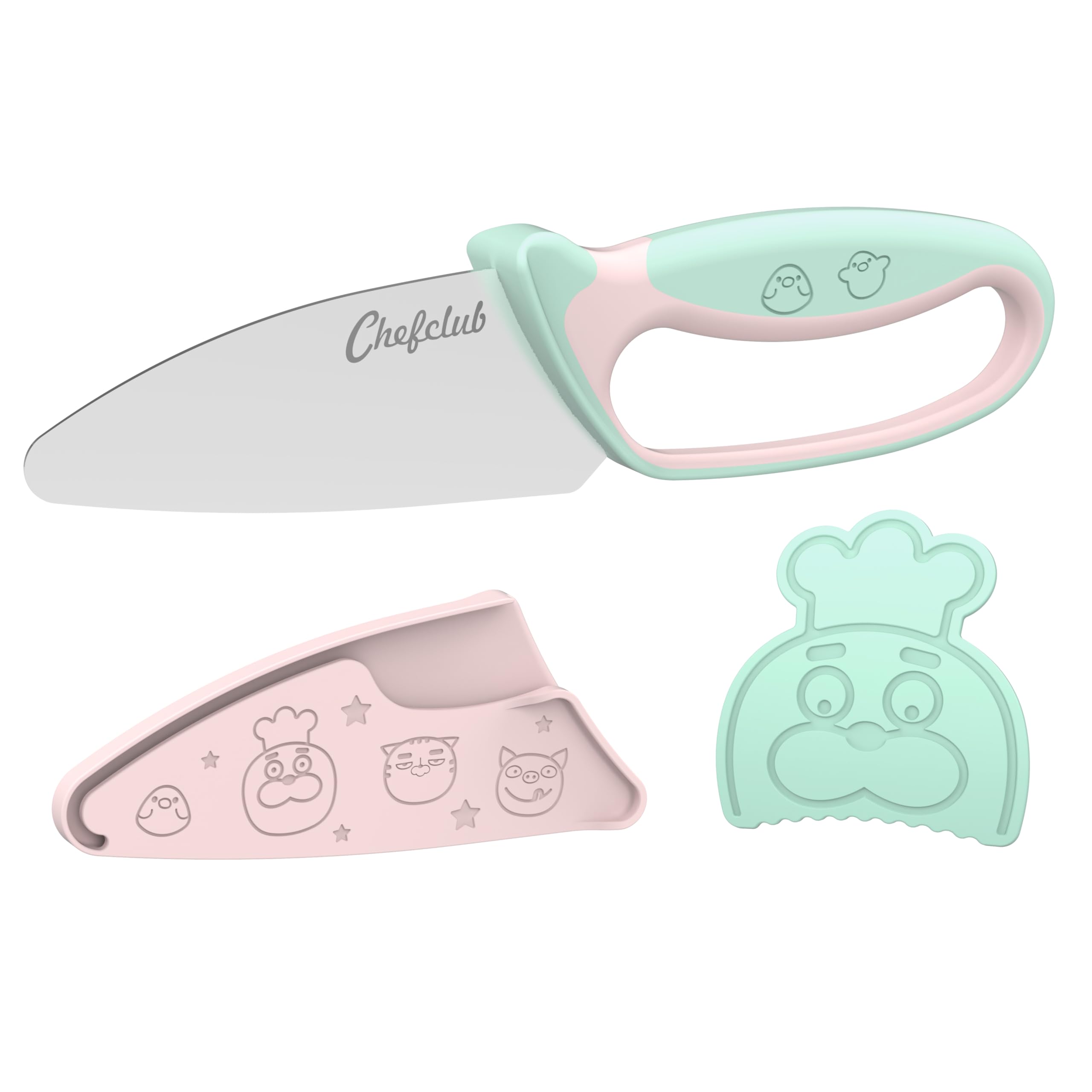 CHEFCLUB KIDS - Kit de cuchillos de cocina para niños - Hoja de acero inoxidable - Protector de dedos y hoja - Utensilio seguro y ergonómico - Rosa y verde pastel - Ideal a partir de 7 años