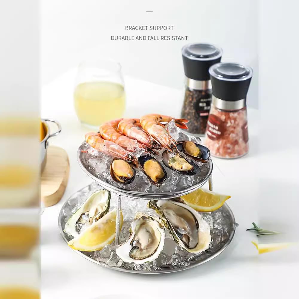 Torre de mariscos plateada de 2 niveles, acero inoxidable, doble capa, bandeja redonda para servir para fiestas, aperitivos, postres y entretenimiento