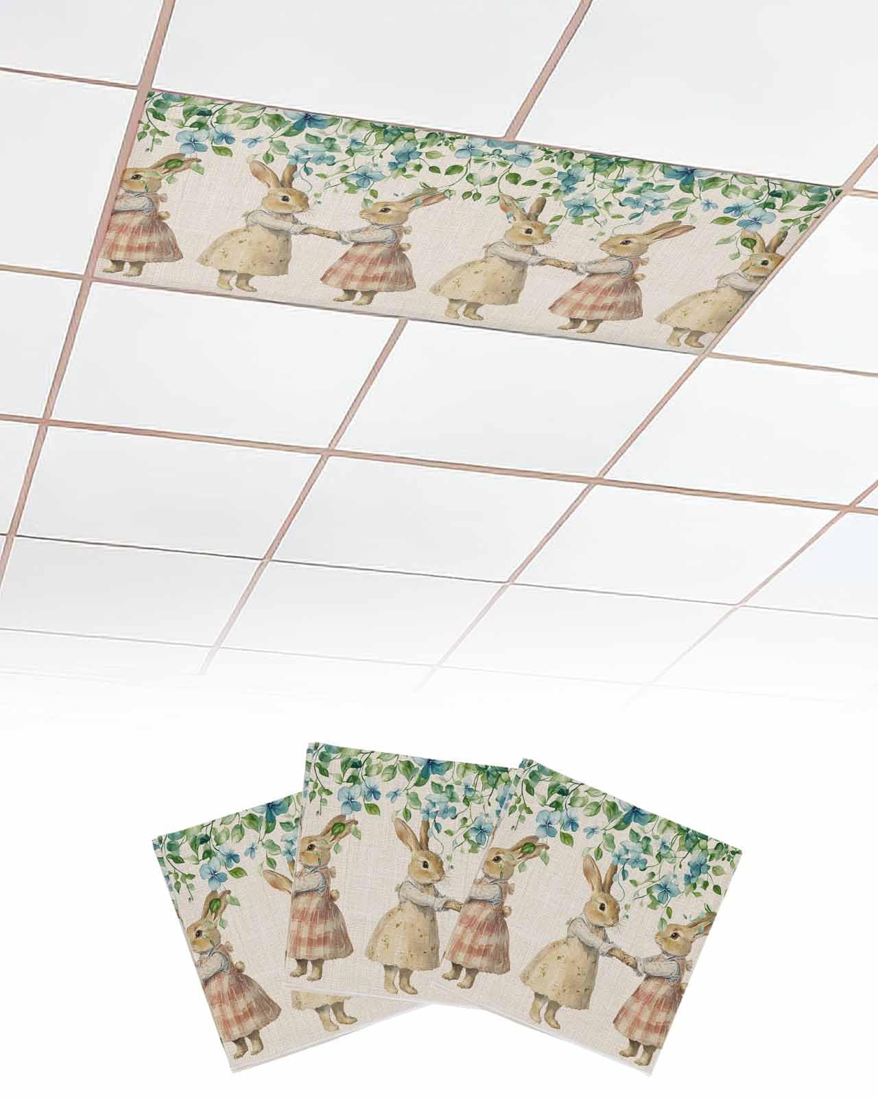 Easter Rabbit 3 Pcs Fluorescent Light Covers for Ceiling Lights, Pastoral Bunny Spring Magnetic Light Filters for Eliminate Harsh Glare Classroom Office Decoration, 4 x 2 Ft