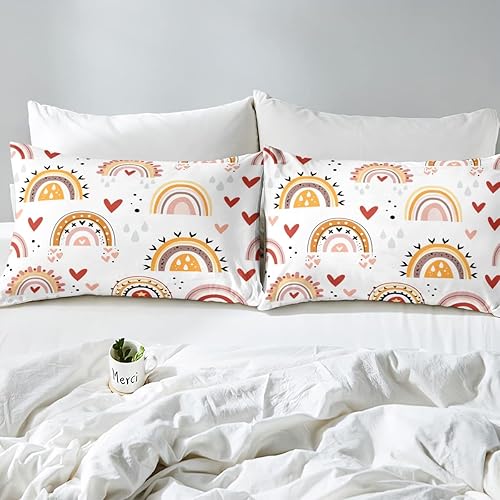 Miniatura 6 de Juego de edredón de arcoíris tamaño individual para niñas, juego de ropa de cama Kawaii con corazón de amor rojo, bohemio, exótico, dibujado a mano,
