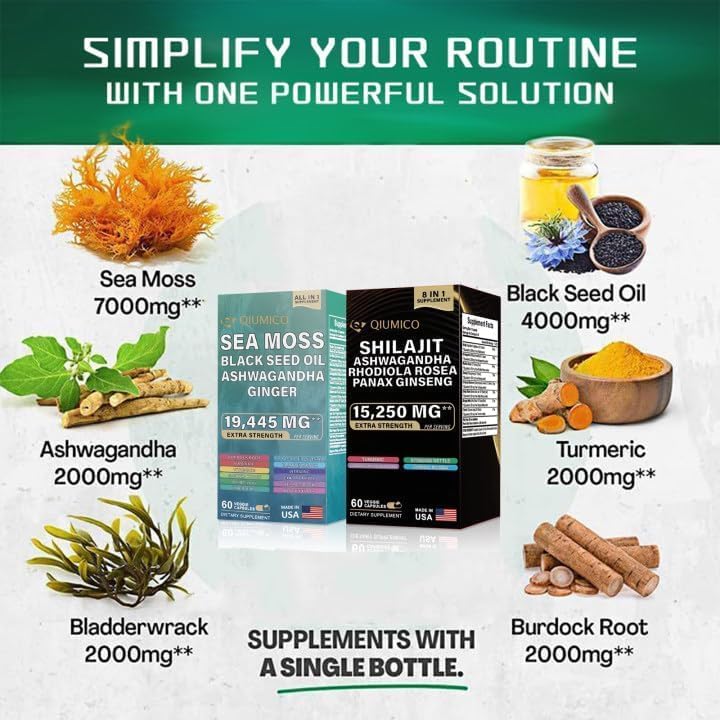 Miniatura 4 de Paquete de musgo marino y shilajit, musgo marino 7000 mg, aceite de semilla negra 4000 mg, Ashwagandha 2000 mg, jengibre y shilajit 9000 mg,