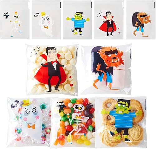 CCINEE 200 bolsas de golosinas de Halloween, bolsas transparentes autoadhesivas para dulces, bolsas de plástico de celofán para galletas, regalos de