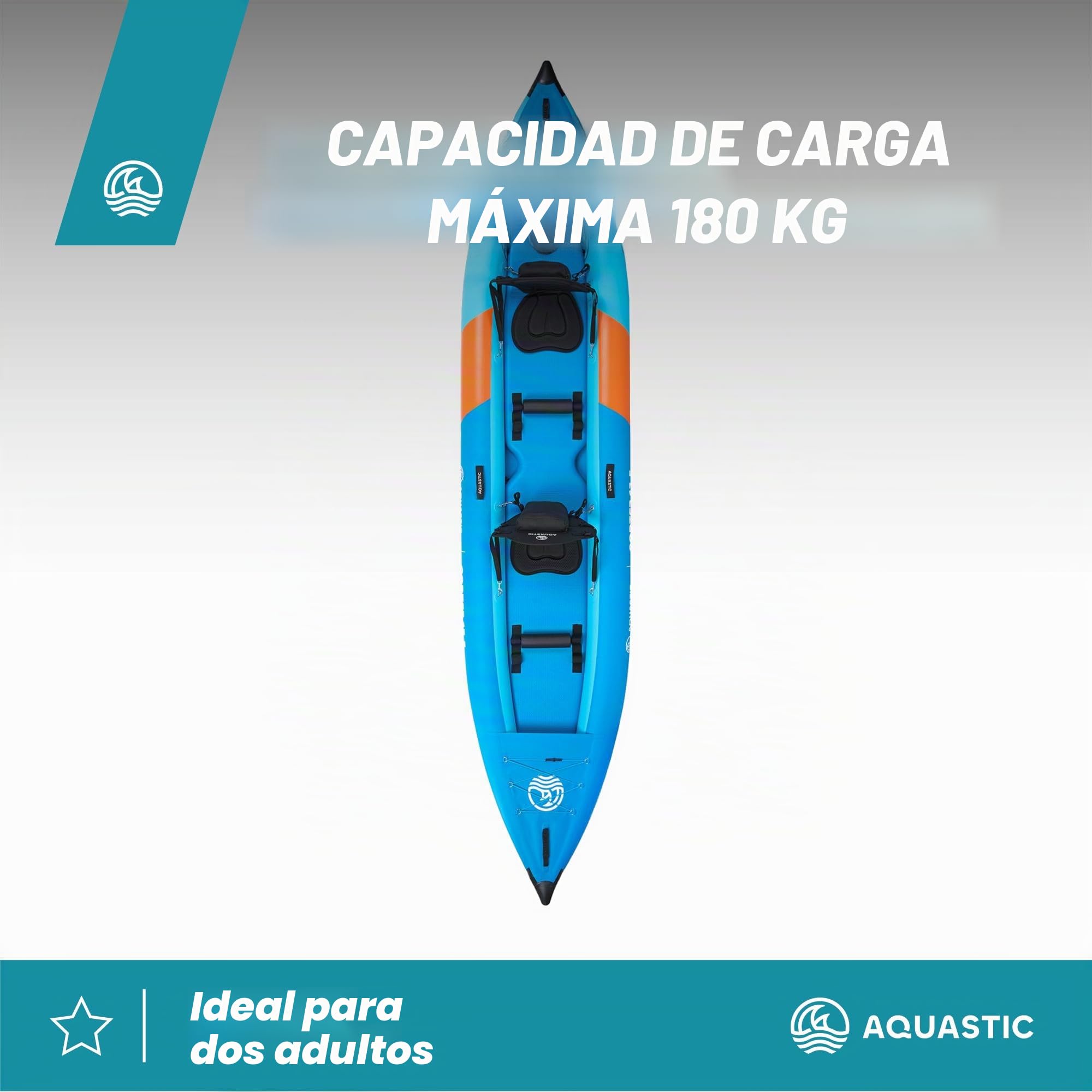 AQUASTIC Cortez - Kayak Hinchable para Dos Personas, 3 cámaras, Capacidad de Carga de hasta 180 kg, Juego de Mochilas, paletas, Asientos, Bomba, Aletas, Estable