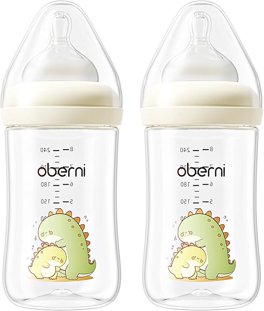 Oberni 240ml Baby Bottles, 8 Oz Wide-Neck Milk Feeding Bottle with Size"M" Teat for 3-6 Months Newborn Babies Beige/2 Pack