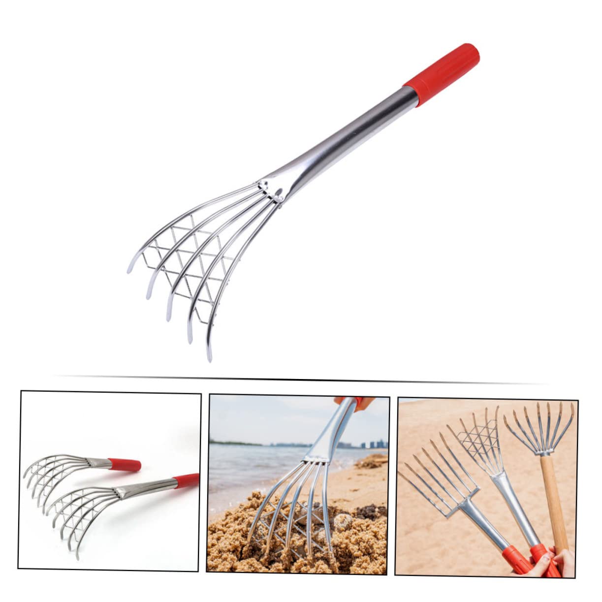 Edelstahl Klauenrechen mit Stiel für Garten und Strand, Silber