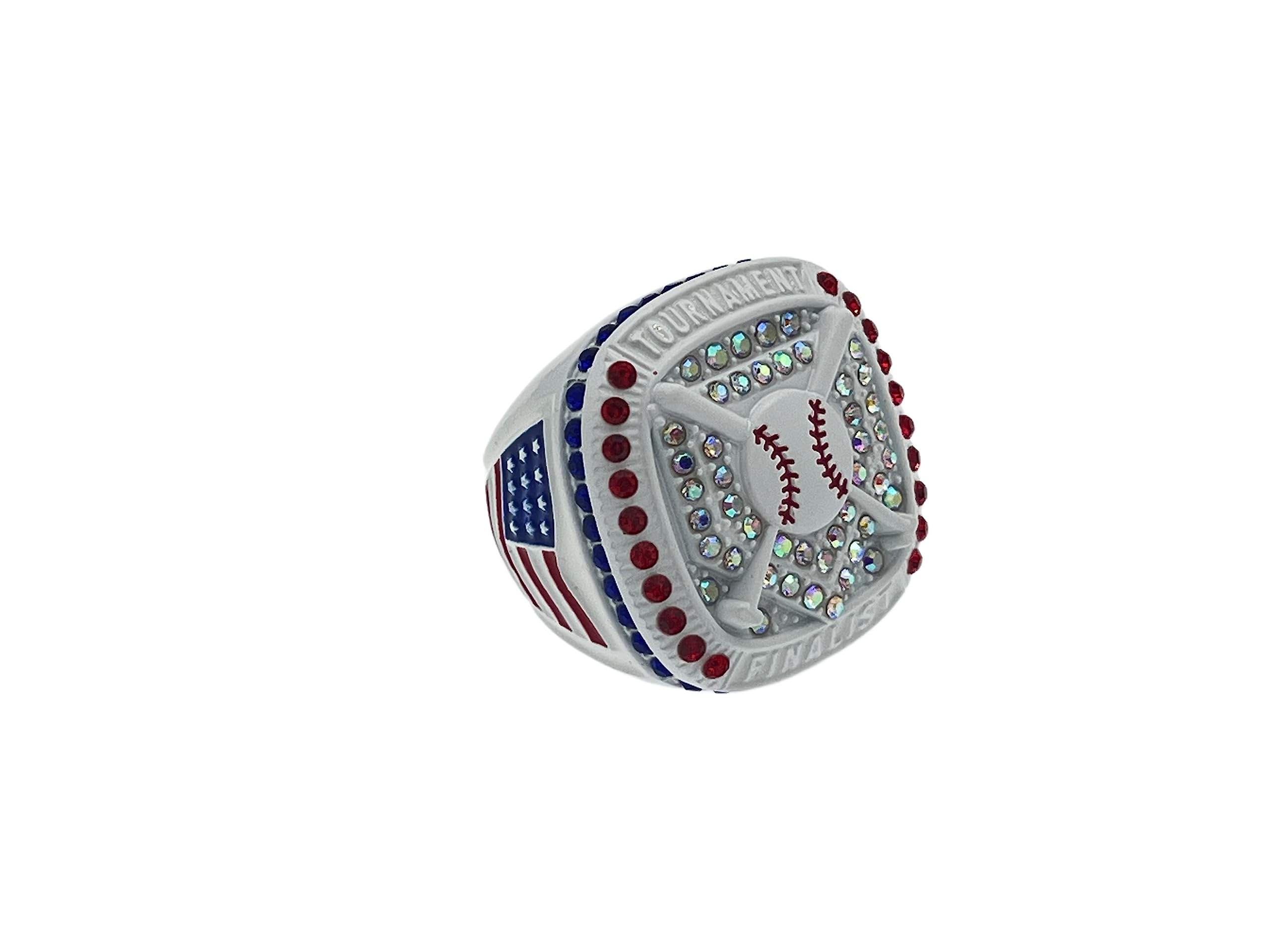 Discount Sports Rings HOME PLATE FINALIST RING — WHITE BODY, RED/CLEAR STONE WHITE PAINT Premium Softball Baseball Ring/Player/Team Awards/Tournament Ring