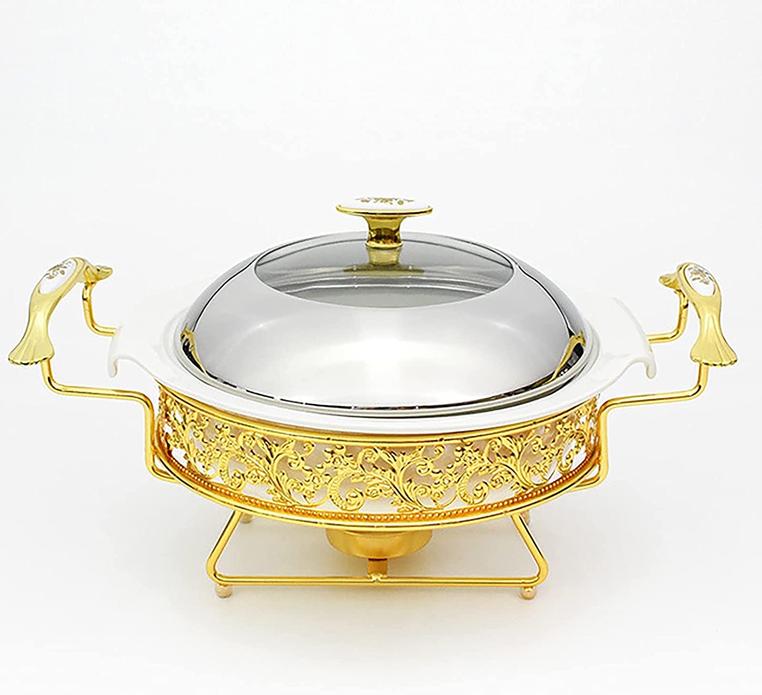 Set da Buffet per scaldavivande Dorati, Inserto Rotondo in Acciaio Inossidabile con Coperchio per Buffet, Matrimoni, Feste, Banchetti, Catering, Eventi, Dimensioni: 32 cm
