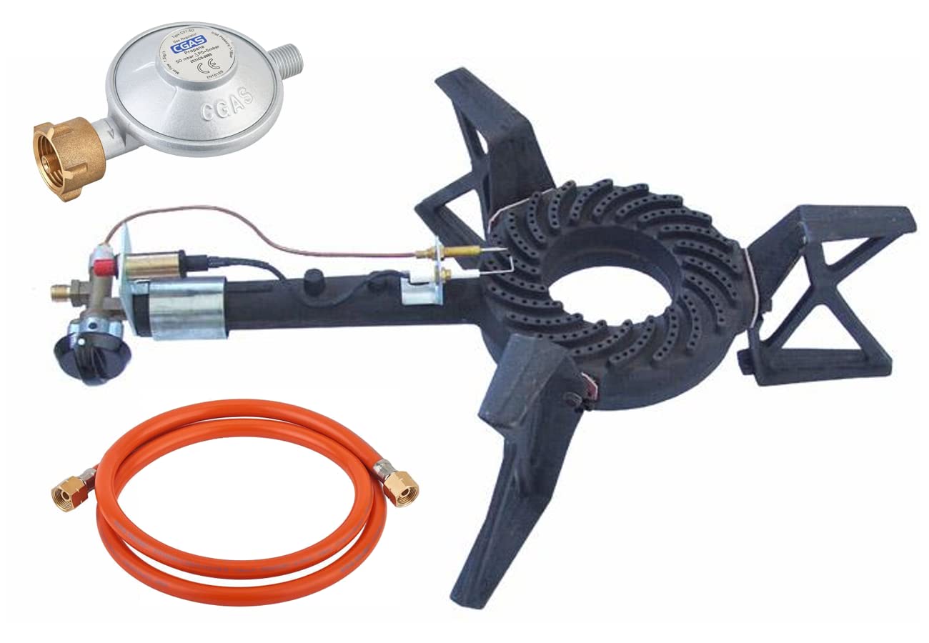 Bruciatore Pilota In Ghisa Per Wok Cinese Con Kit Sicurezza: Tubo Gas 91cm, Raccordi M10x1 E 1/4, Per Stufe E Fornelli