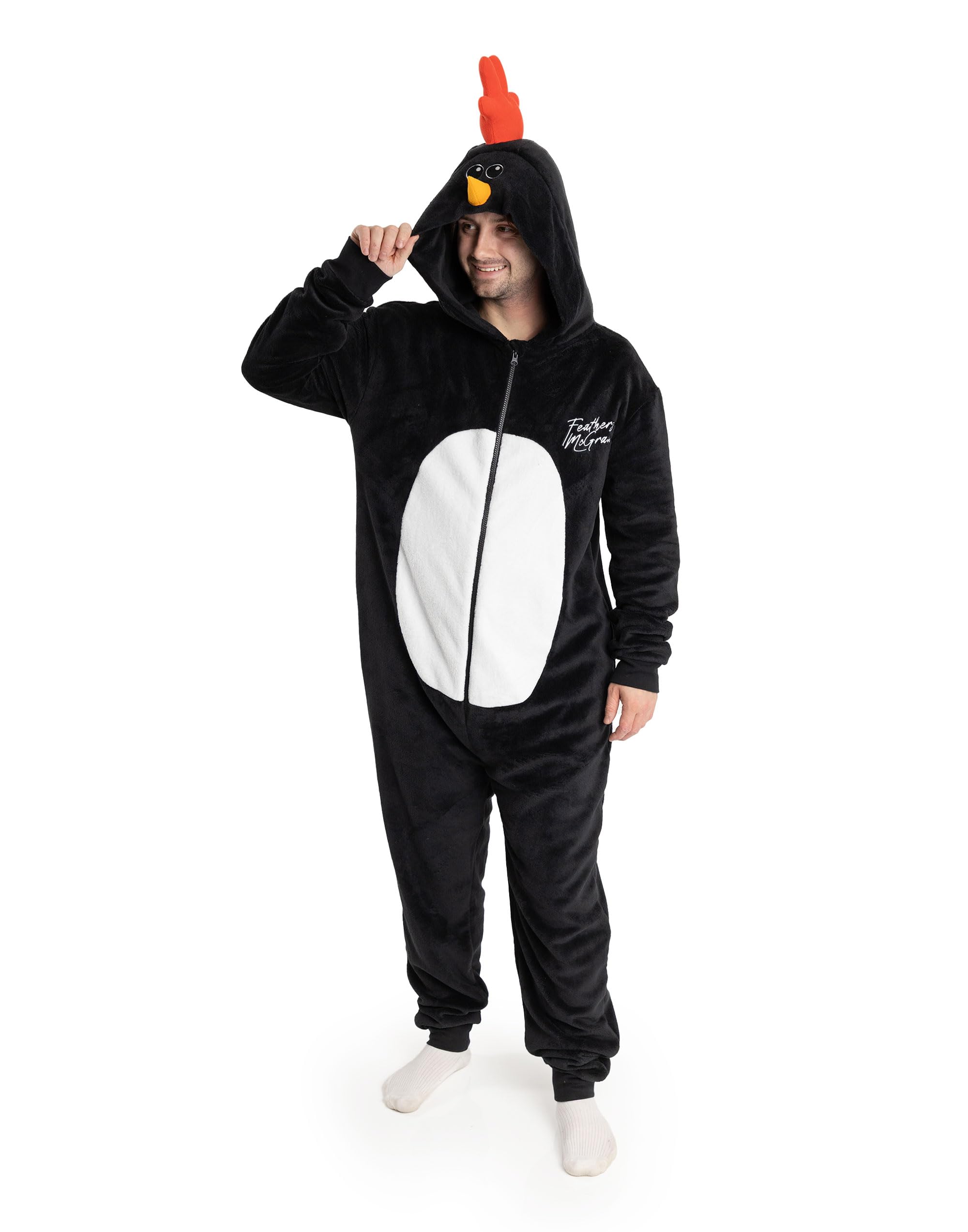 Wallace and Gromit Feathers McGraw Black Onesie | Long Sleeve Zip-Up Loungewear | Unisex Adult Sleepwear & Relaxation Suit Merch - Small