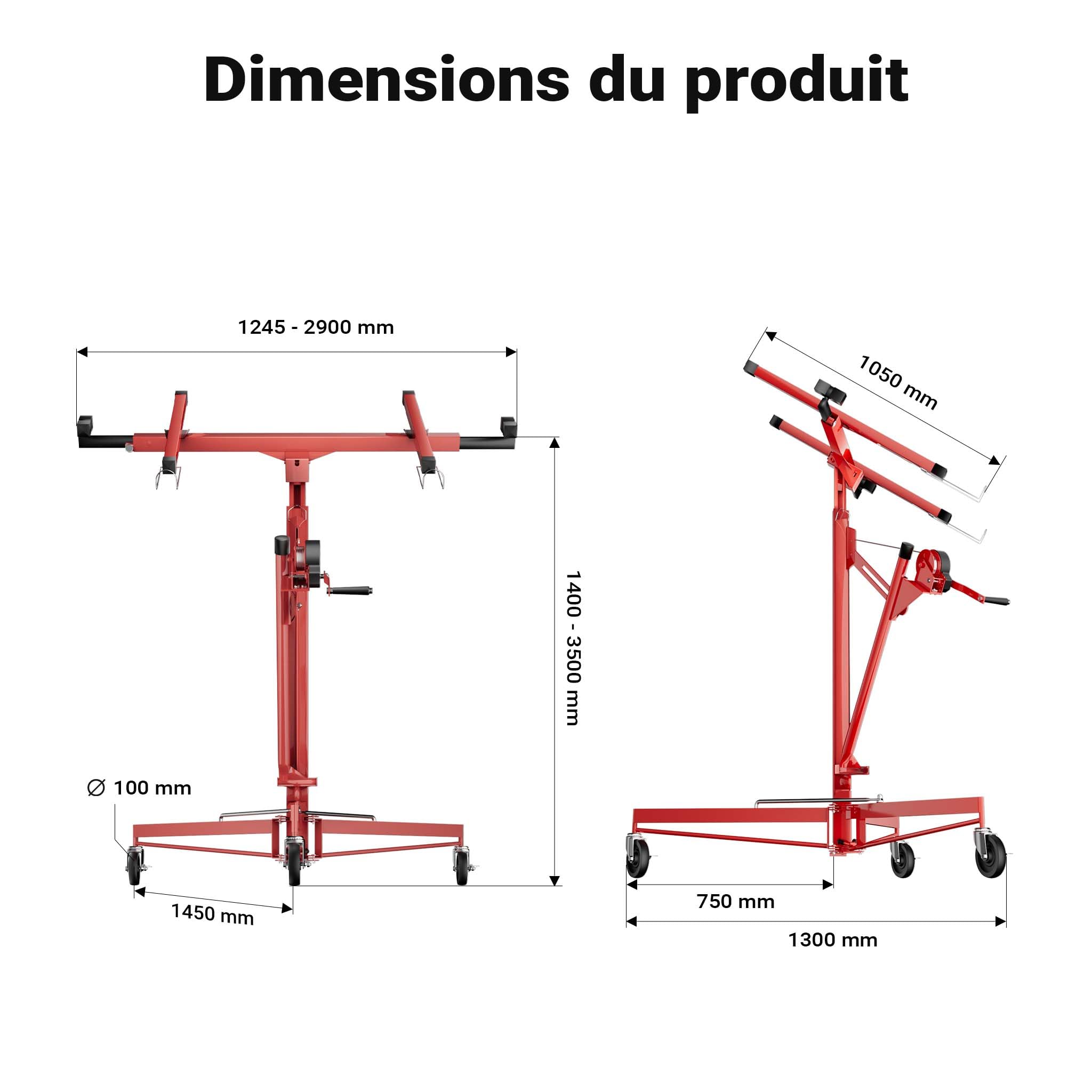 Wiltec Lève-panneaux, lève-plaques de plâtre XXL rouge – capacité de charge max. 68 kg – Hauteur 140-350 cm – Largeur max. 290 cm – 3 Roues - Aide au montage Construction