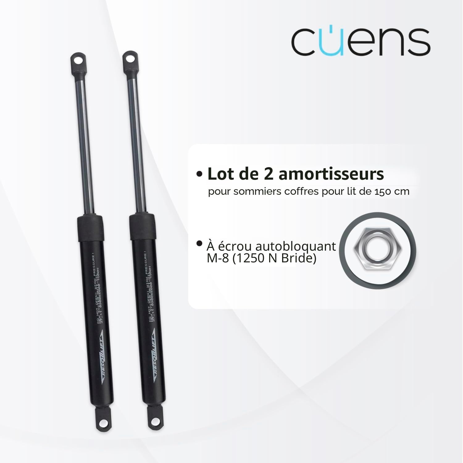 Jeu de 2 amortisseurs ou Ressorts à gaz pour lit Coffre 1150N - Collier M-8 - Idéal pour lit Coffre 135 cm - Cuens