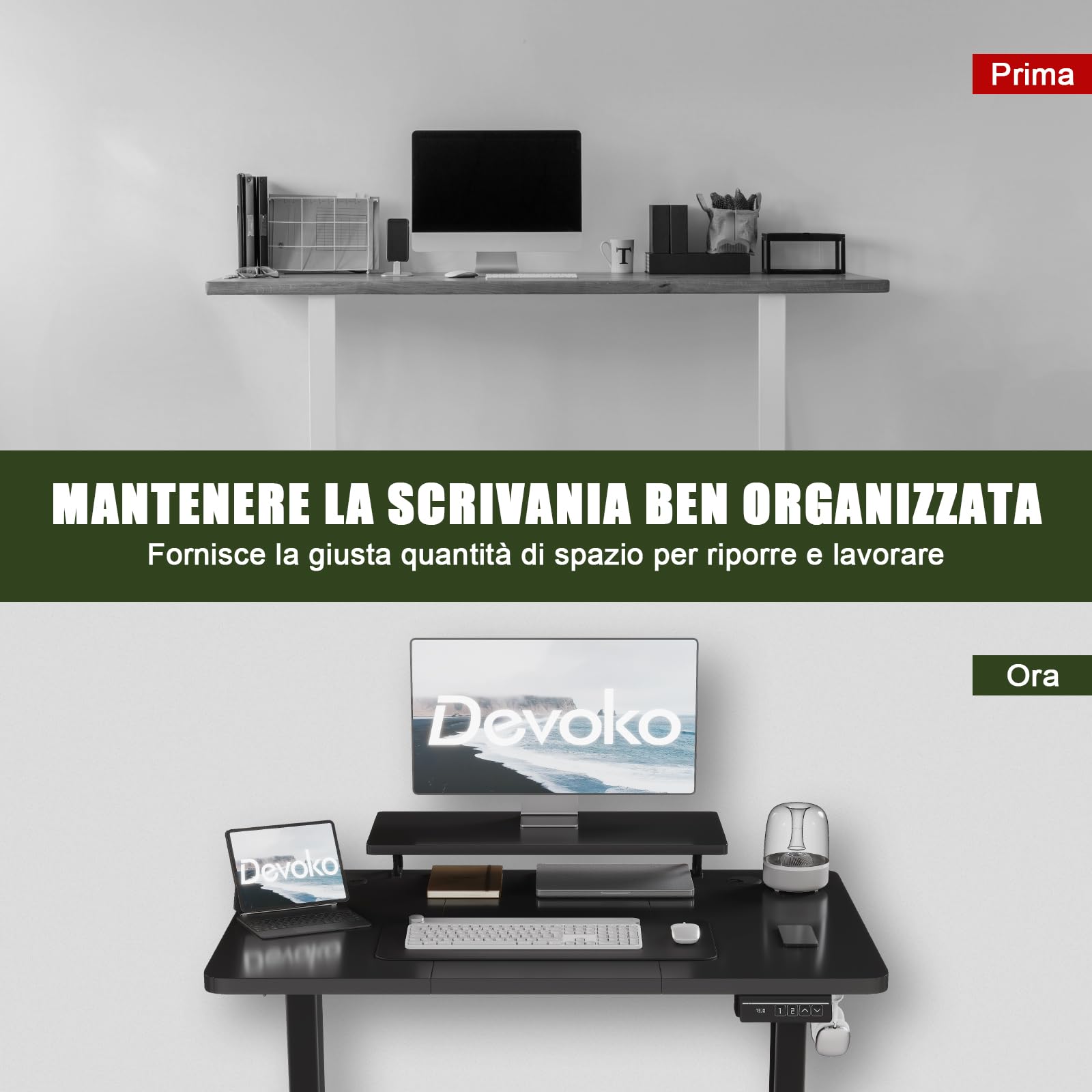 Devoko 120 x 60 cm Scrivania Regolabile in Altezza Supporto per Monitor | Regolabile con 2 Altezze di Memoria, Per Camera da Letto, Studio, Ufficio, Nero