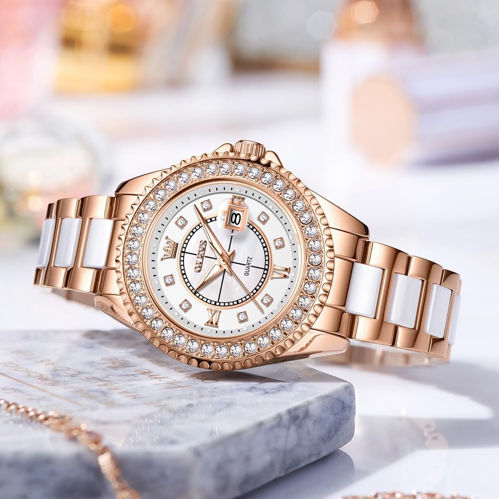 OLEVS Watches for Women Diamond with Date Luxury Leather Female Waterproof Women Wrist Watch Analog Dress Stainless Steel Ladies Watch Luminous Calendar Women Watch Green/Blue/Purple Dial - Image 2