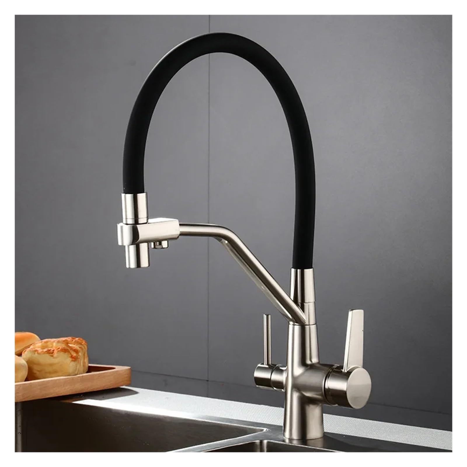 Robinet de cuisine avec filtre à eau et mitigeur 3 voies à bec pivotant facile à nettoyer