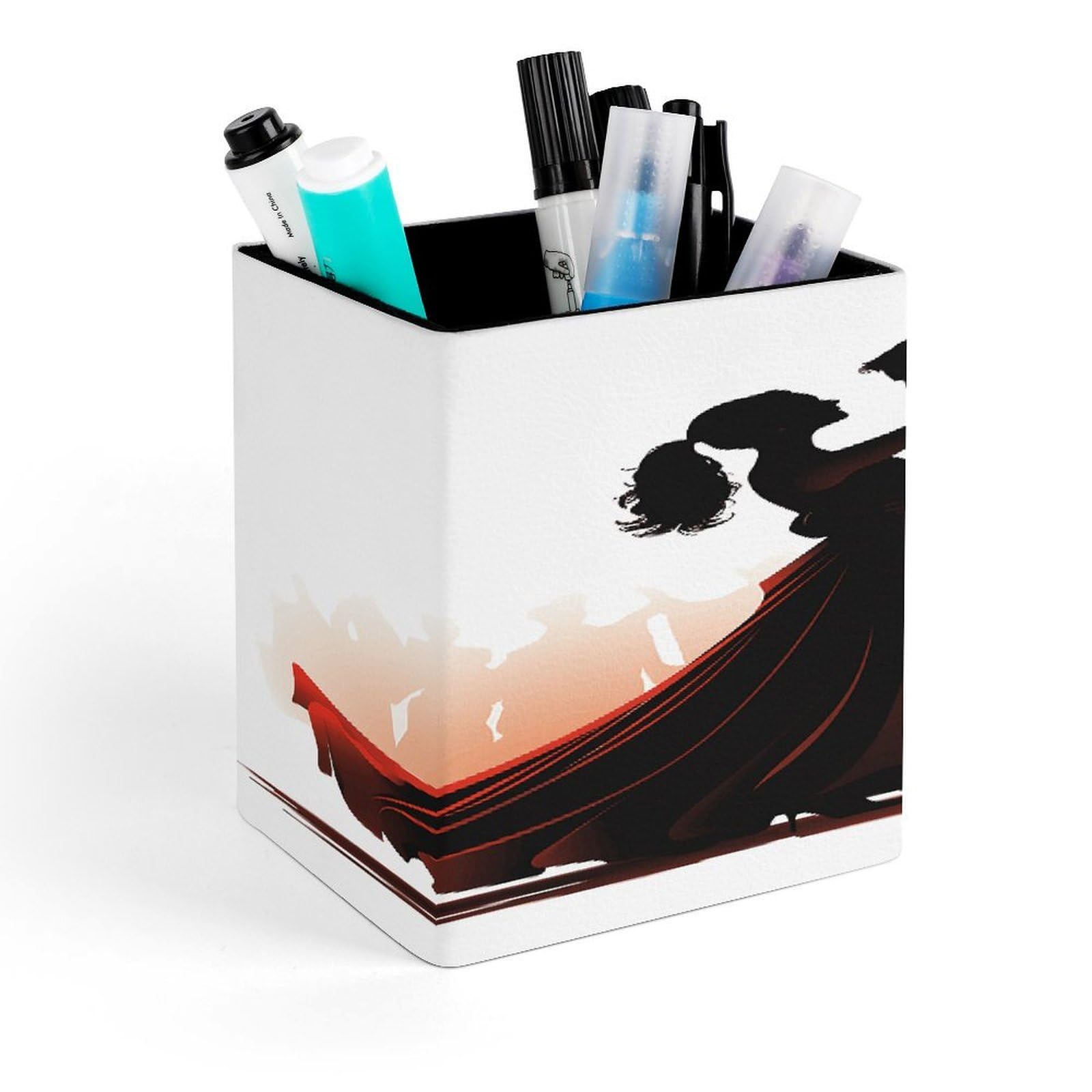 JTREHY Ballroom Dance Pen Holder Square Pen Pencil Holder Makeup Brush Holders Cup PU Leather Pencil Cups Desktop Caddy Stationery Organizer Case Office Accessories Container Box