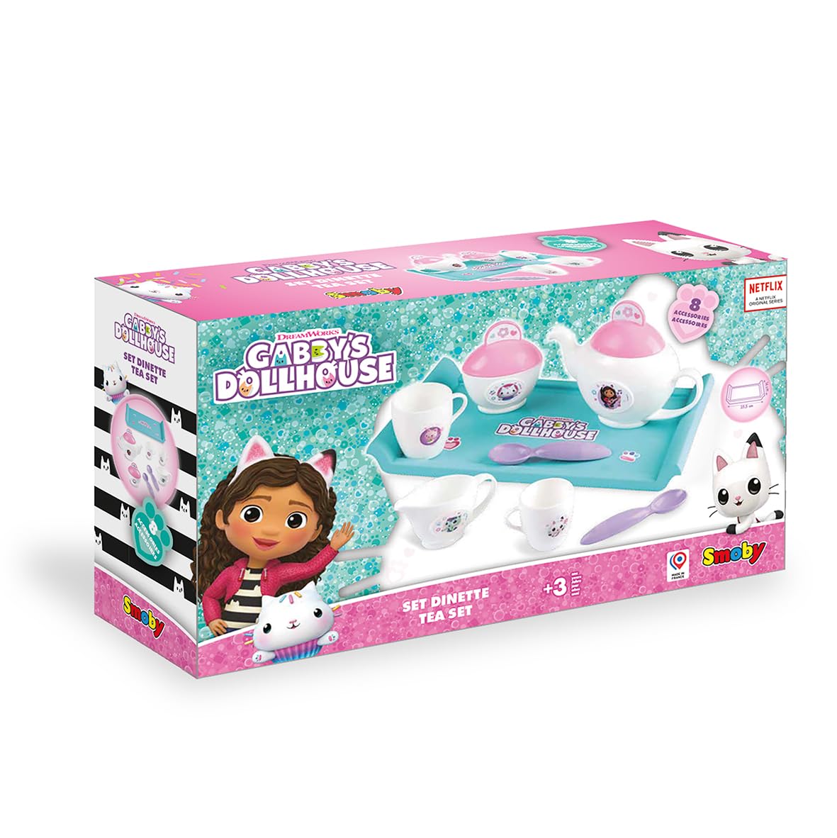 Smoby 7600312508 Koci domek Gabi Taca z zastawą (kubeczki; czajnik do herbaty z pokrywką; łyżeczki; cukiernicę z przykrywką oraz pojemniczek na mleko).
