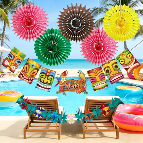 Image of Hawaiian Luau Party Decorations Tropical Beach Aloha Palm Leaves Garland Luau Honeycomb Table Centerpiece Tissue Pom Poms Paper Fans Tiki Totem Hanging Decor Tropical Summer Beach Pool Party Supplies