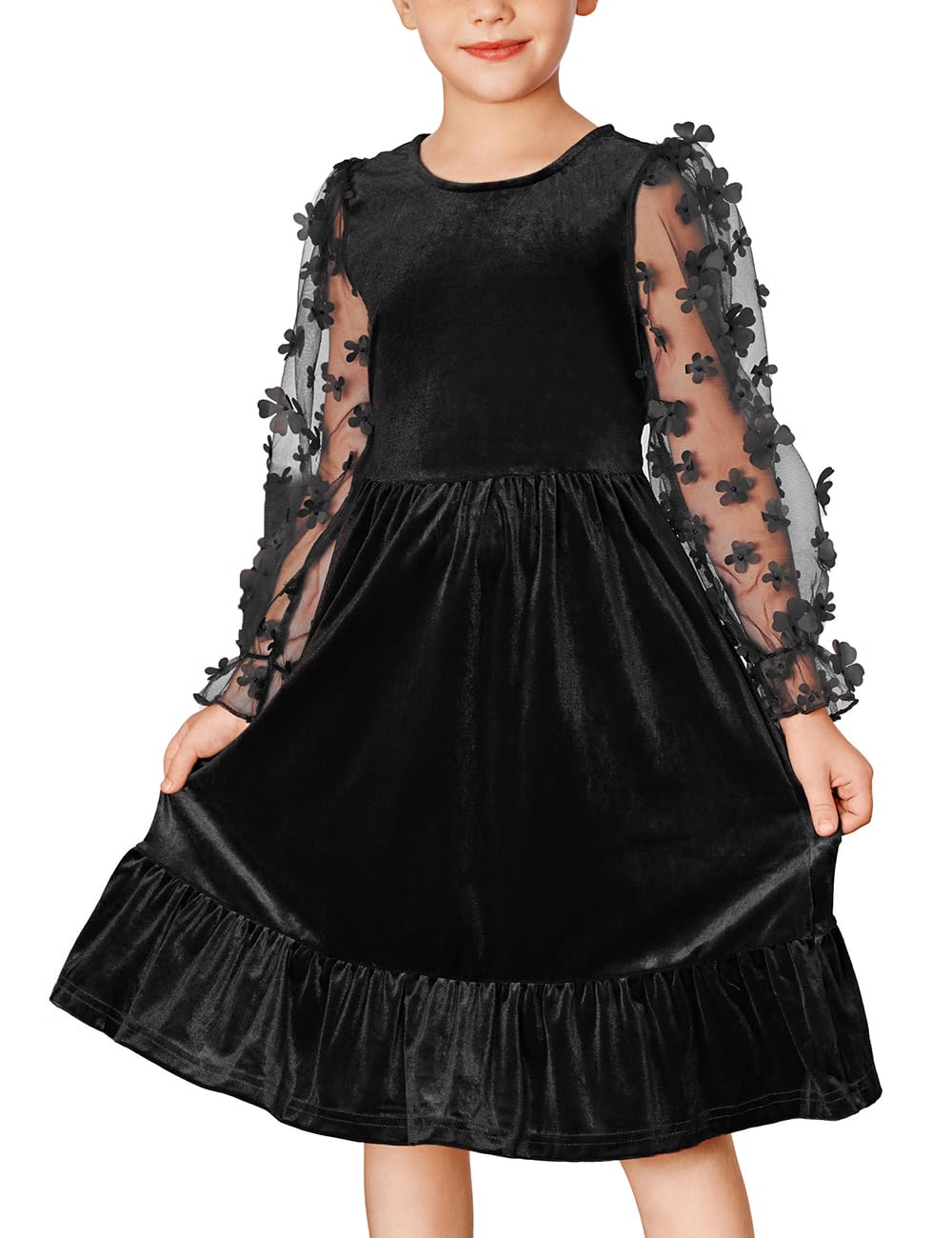 GRACE KARINGirl's Fall Dresses Sheer Long Sleeve A-Line Crew Neck Party Midi Dress 6Y-12Y