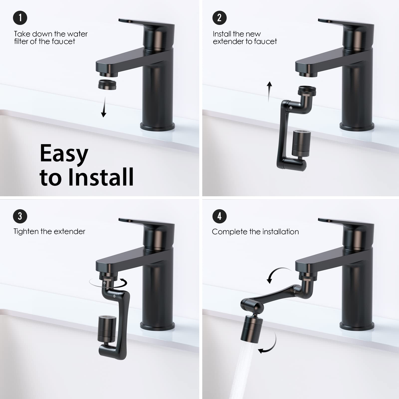 Rallonge de Robinet Pivotante à 1440°, Aoresac Robinet d'extension de bras Robotique, pour évier de Cuisine salle de Bain, 2 Modes de Pulvérisation, s'applique à M20 M22 M24 (Noir)
