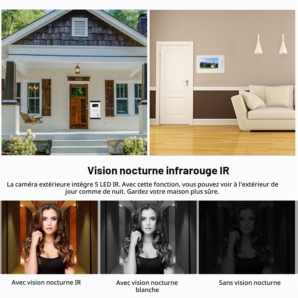 LIBO 7 Pouces Système de téléphone de Porte Sonnette vidéo Filaire 2 moniteurs avec 1 caméra Vision Nocturne IR 800 x 480, Control 2 Maison pour Multi Appartement/Familles