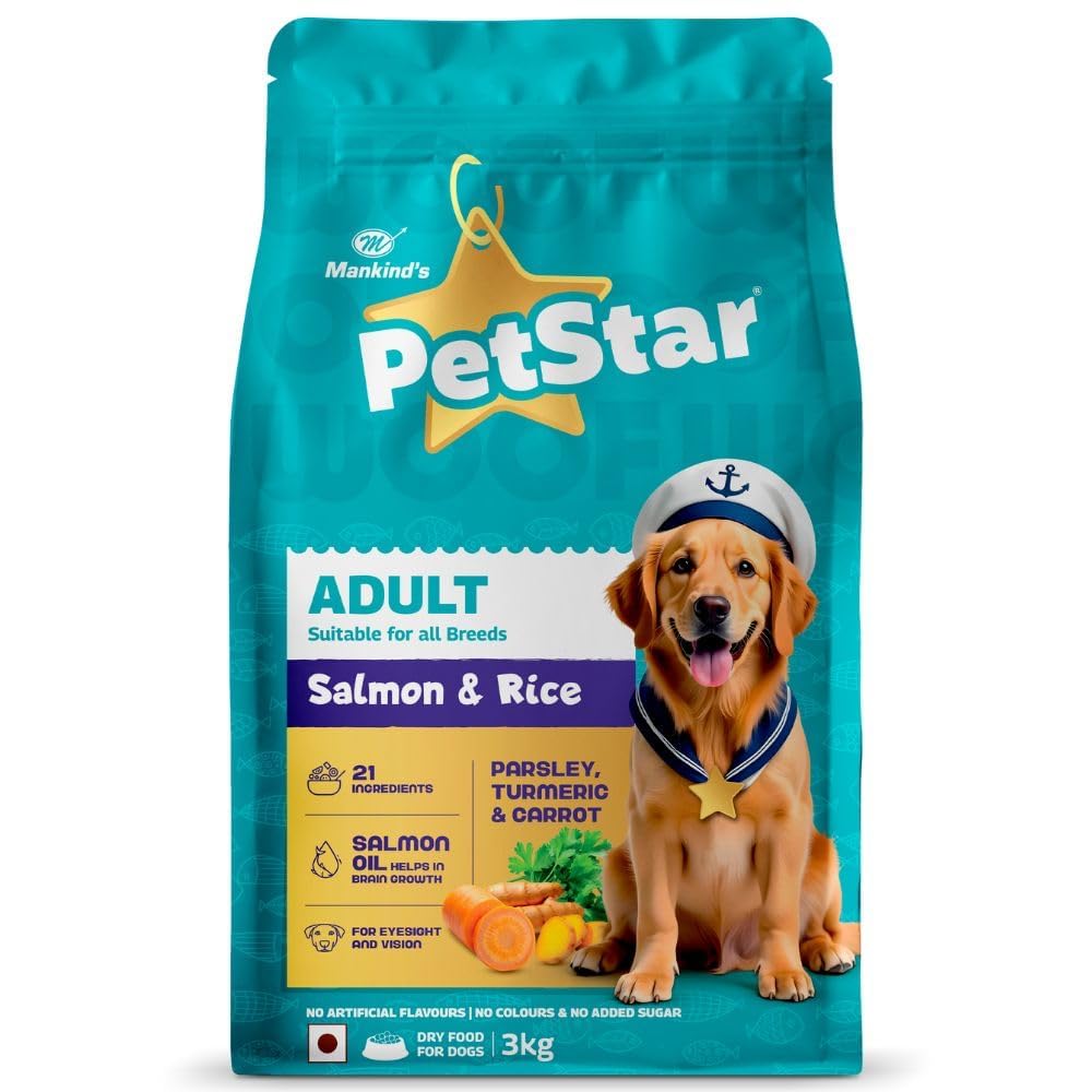 Mankind Petstar Adult Dry Dog Food (High Protein) Salmon & Rice Flavor, 3kg Pack | Improves Muscle & Strength, Supports Immunity, Protects Liver & Kidney