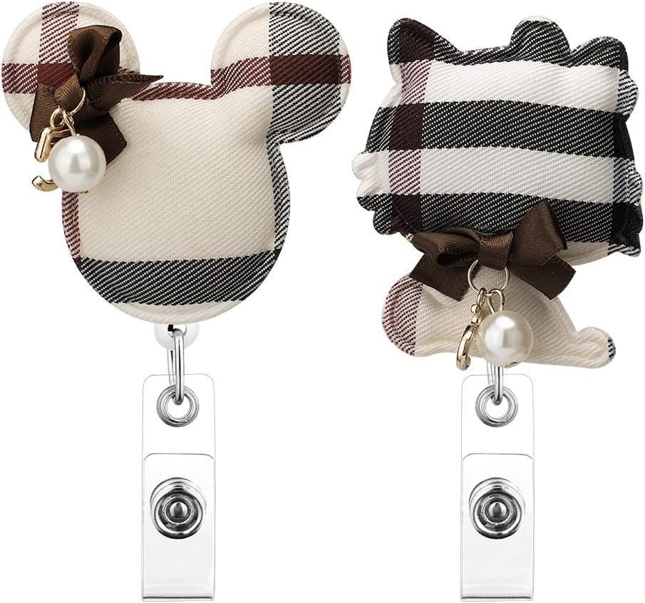 Soleebee Retractable Badge Reel Holder for Nurse, 25.6 Inches Retractable Cord Bling Crystal ID Badge Holder with Belt Clip (White - Cute Animal 2 Pack)