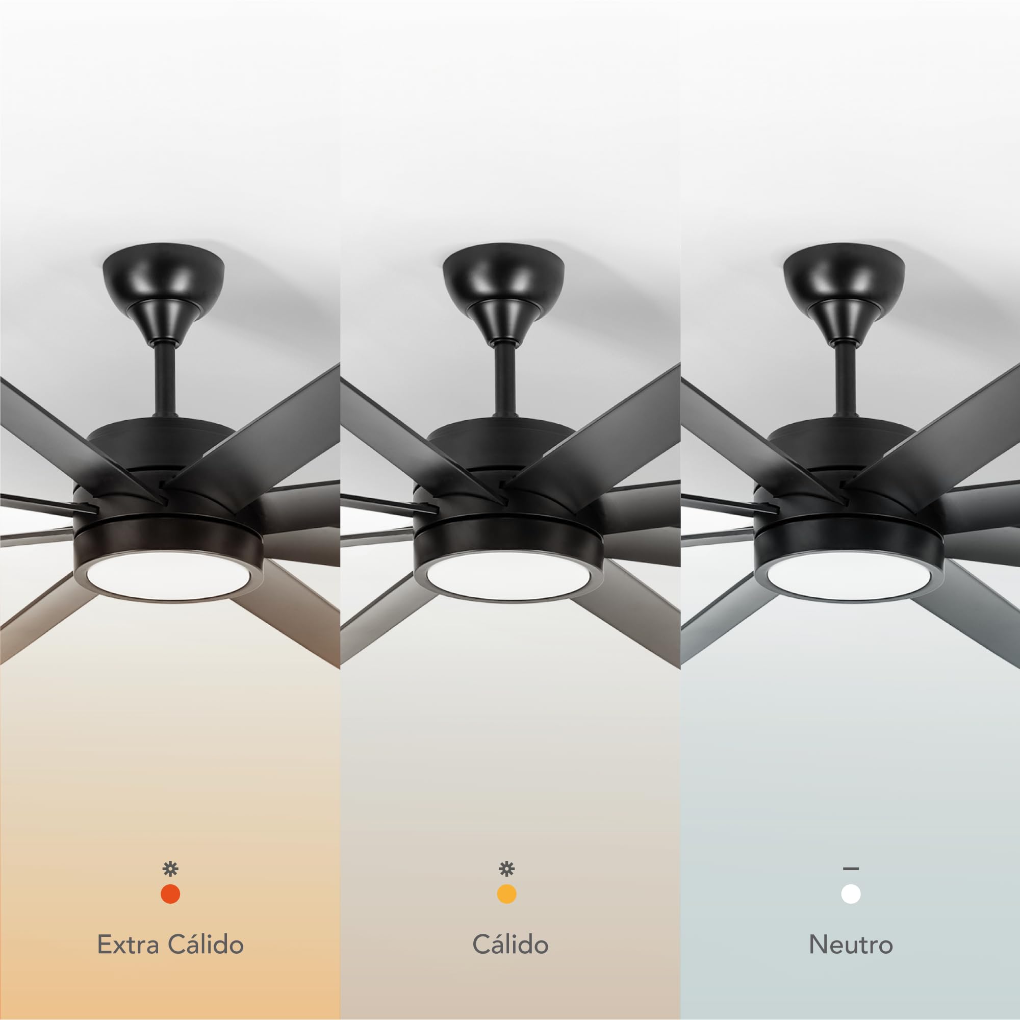 Versa Ventilador Techo Negro. Luz Led 24W Neutra/Cálida/Extra Cálida. Motor DC. 8 Aspas ABS Ø165cm. Verano/Invierno. 6 Velocidades. Control Remoto Temporizador. Silencioso. Brisa Natural