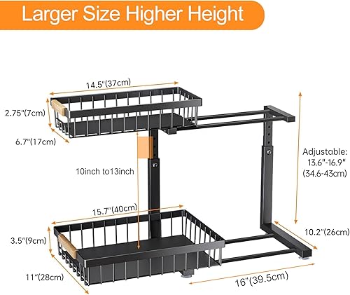Miniatura 7 de Organizador para debajo del fregadero, paquete de 2 organizadores para debajo del fregadero y cesta de almacenamiento, estante de metal de 2 niveles