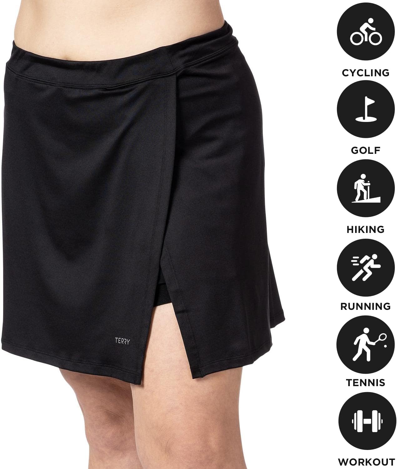 Terry Mixie Bike Skirt for Women, 16 Inch Slit Front Performance Athletic Cycling Tennis Hiking Golf Travel Cover Up