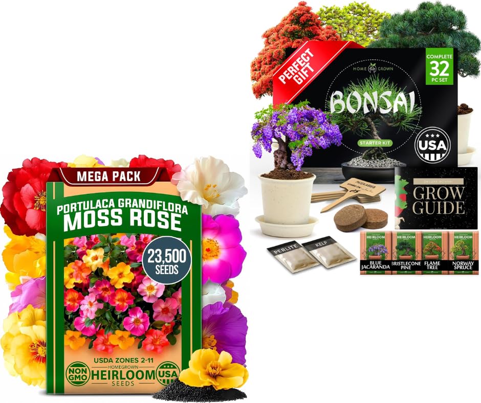 HOME GROWN 23,500+ Moss Rose Seeds & Bonsai Tree Kit 𝗨𝗦𝗔 Gifts for Men & Women - Grow 4 Bonsai Trees